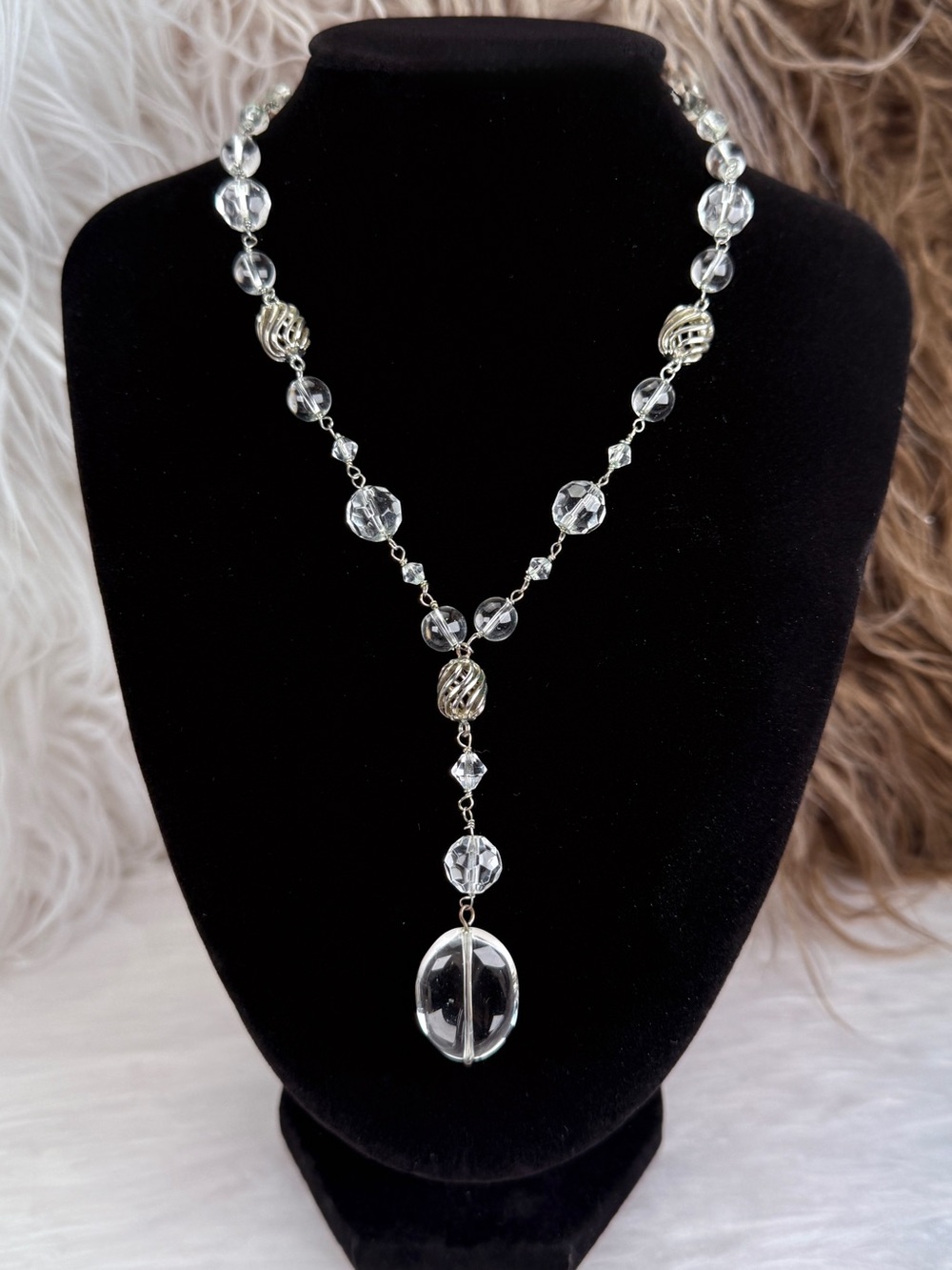 Vintage Lia Sophia Clear Bead Silver Tone Y Drop Statement Necklace